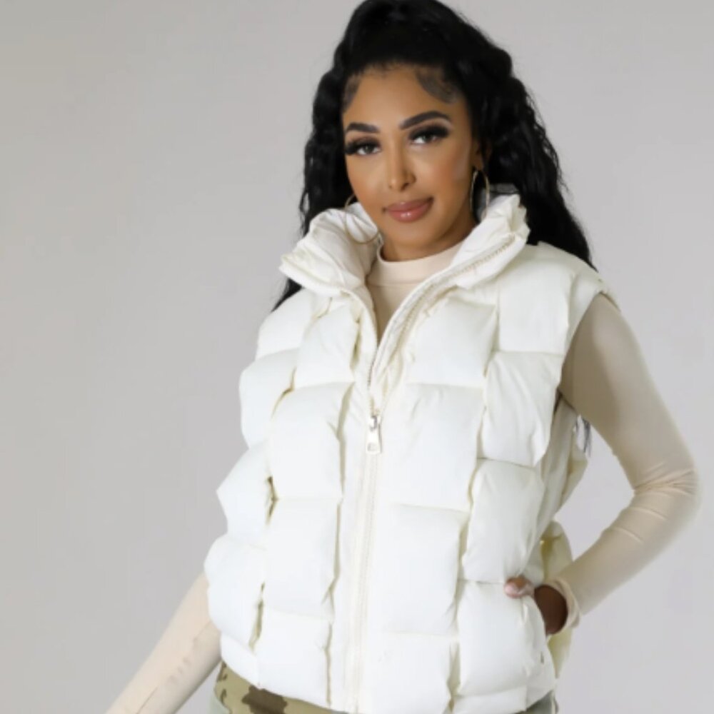 Women’s White Woven Puffer Vest | Chunky Braided Sleeveless Gilet | Trendy High-